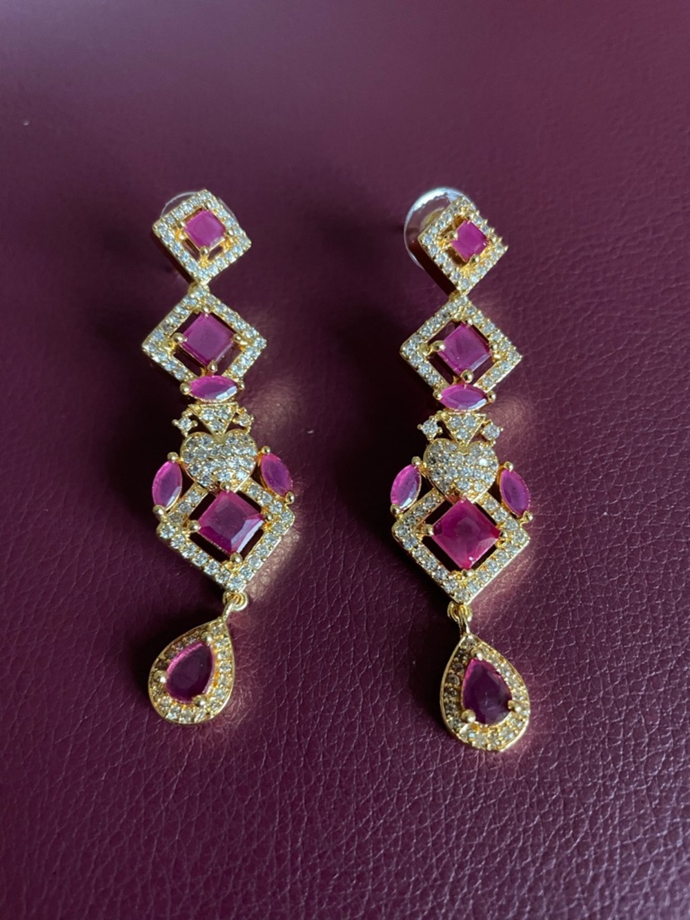 Elegant Gold-Plated red Gem Drop Earrings